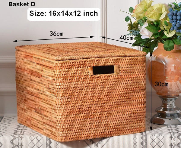 Rectangular Storage Basket with Lid, Woven Rattan Storage Basket for Shelves, Storage Baskets for Bedroom, Pantry Storage Baskets-Grace Painting Crafts