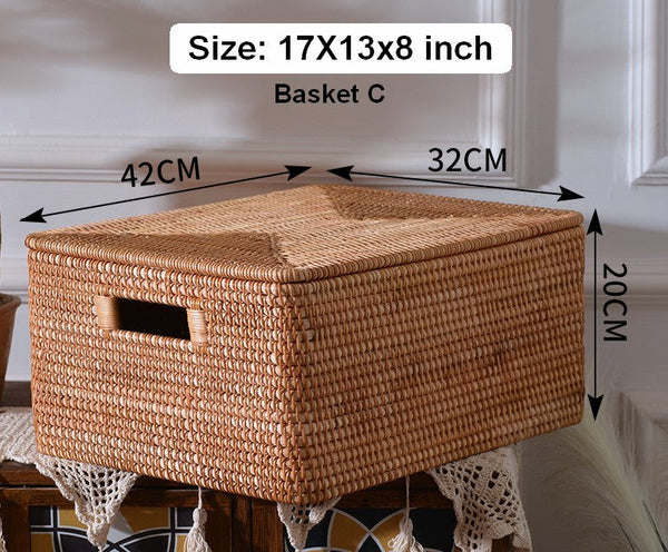 Rectangular Storage Basket with Lid, Rattan Basket, Storage Basket for Shelves, Storage Baskets for Bathroom, Bedroom Storage Baskets-Grace Painting Crafts
