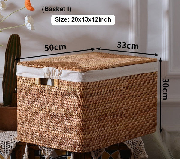 Extra Large Storage Baskets for Shelves, Wicker Rectangular Storage Baskets for Living Room, Rattan Storage Basket with Lid, Storage Baskets for Clothes-Grace Painting Crafts