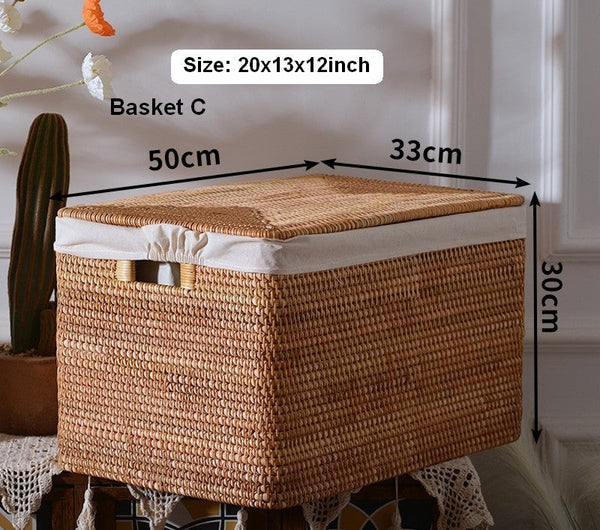 Oversized Storage Baskets for Bedroom, Rectangular Woven Storage Baskets for Clothes, Large Rectangular Storage Basket with Lid, Rattan Storage Case-Grace Painting Crafts