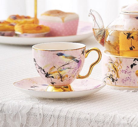 Elegant Pink Ceramic Coffee Cups, Unique Bird Flower Tea Cups and Saucers in Gift Box as Birthday Gift, Beautiful British Tea Cups, Royal Bone China Porcelain Tea Cup Set-Grace Painting Crafts
