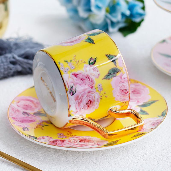 Porcelain Coffee Cups, British Tea Cups, Yellow Coffee Cups with Gold Trim and Gift Box, Rose Flower Tea Cups and Saucers, Latte Coffee Cups-Grace Painting Crafts