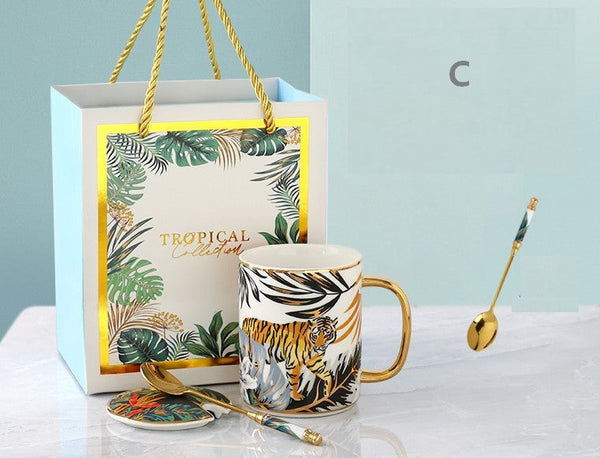 Modern Ceramic Mugs in Gift Box, Large Capacity Jungle Animal Porcelain Mugs, Creative Porcelain Cups, Large Ceramic Mugs for Office-Grace Painting Crafts