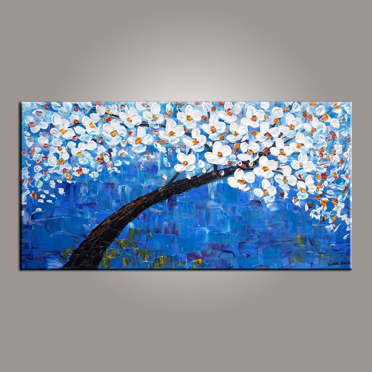 Blue Flower Tree Painting, Canvas Art, Abstract Painting, Painting on Sale, Dining Room Wall Art, Art on Canvas, Modern Art, Contemporary Art-Grace Painting Crafts