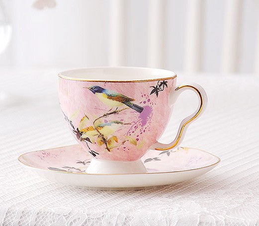 Elegant Pink Ceramic Coffee Cups, Unique Bird Flower Tea Cups and Saucers in Gift Box as Birthday Gift, Beautiful British Tea Cups, Royal Bone China Porcelain Tea Cup Set-Grace Painting Crafts
