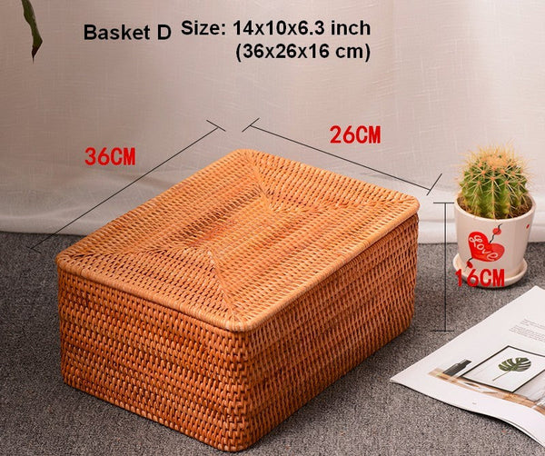 Extra Large Woven Rattan Storage Basket for Bedroom, Rattan Storage Baskets, Rectangular Woven Basket with Lid, Storage Baskets for Shelves-Grace Painting Crafts
