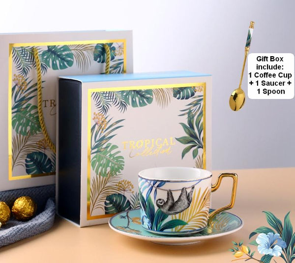 Coffee Cups with Gold Trim and Gift Box, Jungle Leopard Pattern Porcelain Coffee Cups, Tea Cups and Saucers-Grace Painting Crafts