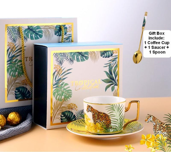 Elegant Tea Cups and Saucers, Jungle Toucan Pattern Porcelain Coffee Cups, Coffee Cups with Gold Trim and Gift Box-Grace Painting Crafts
