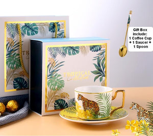 Coffee Cups with Gold Trim and Gift Box, Jungle Leopard Pattern Porcelain Coffee Cups, Tea Cups and Saucers-Grace Painting Crafts