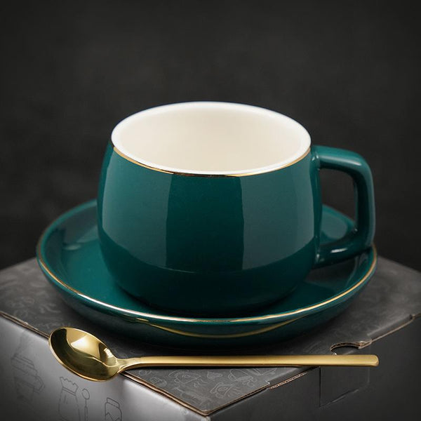 Ceramic Cup and Saucer for Office, Round Coffee Cup and Saucer Set, White Coffee Cup, Green Coffee Mug, Black Coffee Cups, Elegant Porcelain Coffee Cups-Grace Painting Crafts