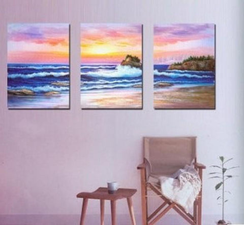 Sunrise Painting, Canvas Painting, Seascape Painting, Big Wave, Wall Art, Landscape Painting, Large Painting, 3 Piece Wall Art, Art Painting, Wall Hanging-Grace Painting Crafts