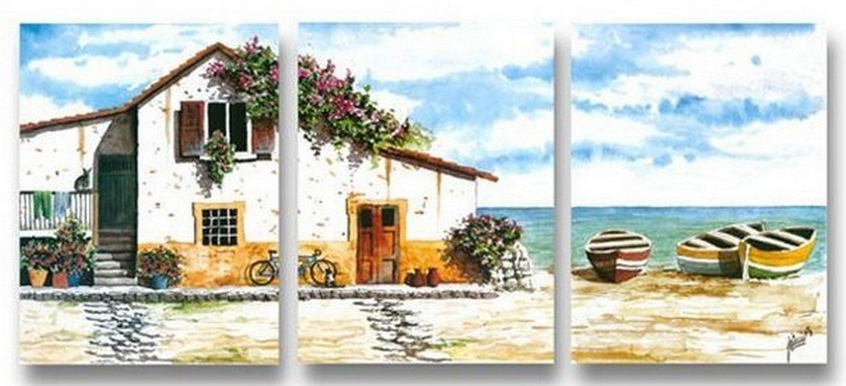 Cottage At Seashore, Landscape Painting, Landscape Art, 3 Panel Painting, Art Painting-Grace Painting Crafts
