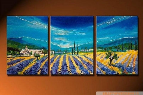 Lavender Field, Landscape Painting, Living Room Wall Art, 3 Panel Painting, Art Painting, Wall Hanging-Grace Painting Crafts
