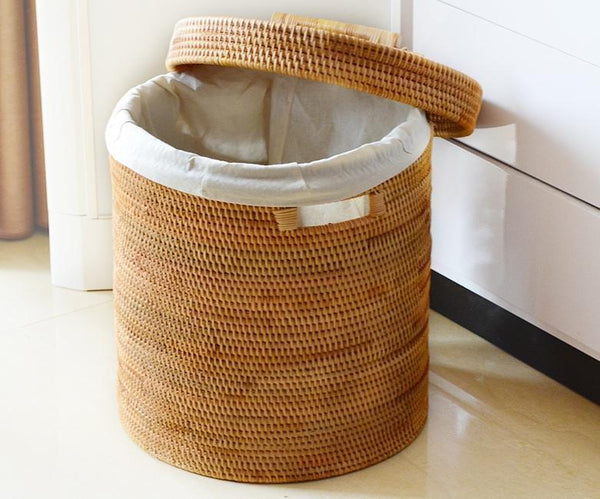 Large Laundry Storage Basket with Lid, Large Rattan Storage Basket for Bathroom, Woven Round Storage Basket for Clothes-Grace Painting Crafts
