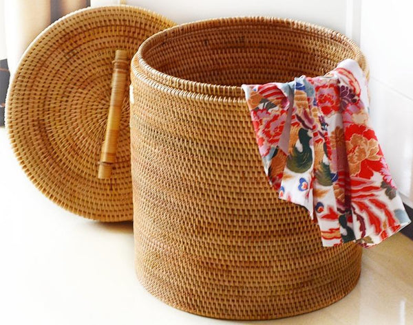 Large Laundry Storage Basket with Lid, Large Rattan Storage Basket for Bathroom, Woven Round Storage Basket for Clothes-Grace Painting Crafts