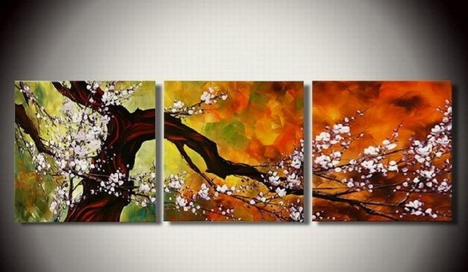 Abstract Art, Plum Tree in Full Bloom, Large Oil Painting, Living Room Wall Art, Modern Art, 3 Piece Wall Art-Grace Painting Crafts