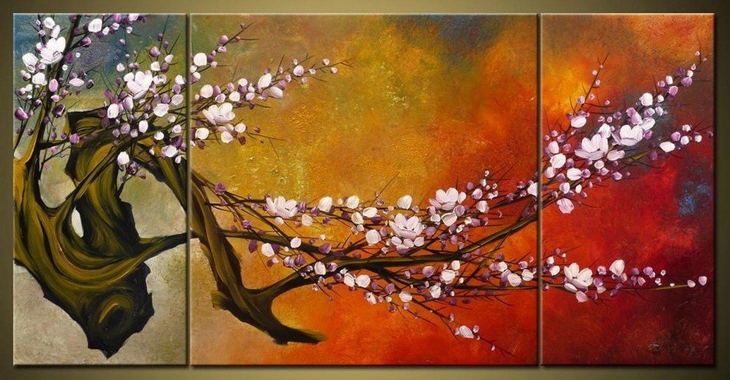 Wall Art, Abstract Art, Flower Oil Painting, Plum Tree, Canvas Painting, Large Oil Painting, Living Room Wall Art, Modern Art, 3 Piece Wall Art, Huge Art-Grace Painting Crafts