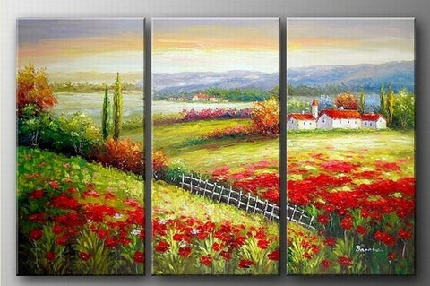 Landscape Art, Italian Red Poppy Field, Canvas Painting, Landscape Painting, Oil on Canvas, 3 Piece Oil Painting, Large Wall Art-Grace Painting Crafts