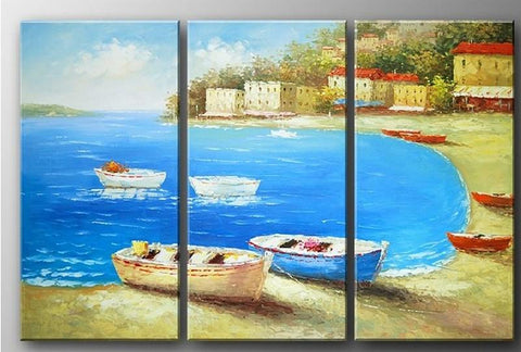 Italian Mediterranean Sea, Landscape Art, Boat Art, Canvas Painting, Living Room Wall Art, Oil on Canvas, 3 Piece Oil Painting, Large Wall Art-Grace Painting Crafts