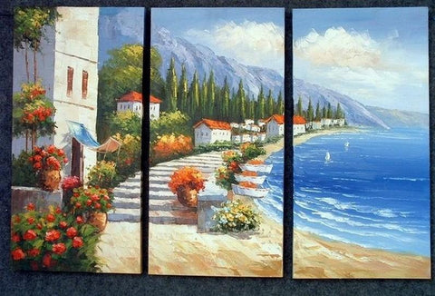 Italian Mediterranean Sea, Landscape Art, Summer Resort, Canvas Painting, Landscape Painting, Large Painting, Living Room Wall Art, Oil on Canvas, 3 Piece Oil Painting, Large Wall Art-Grace Painting Crafts