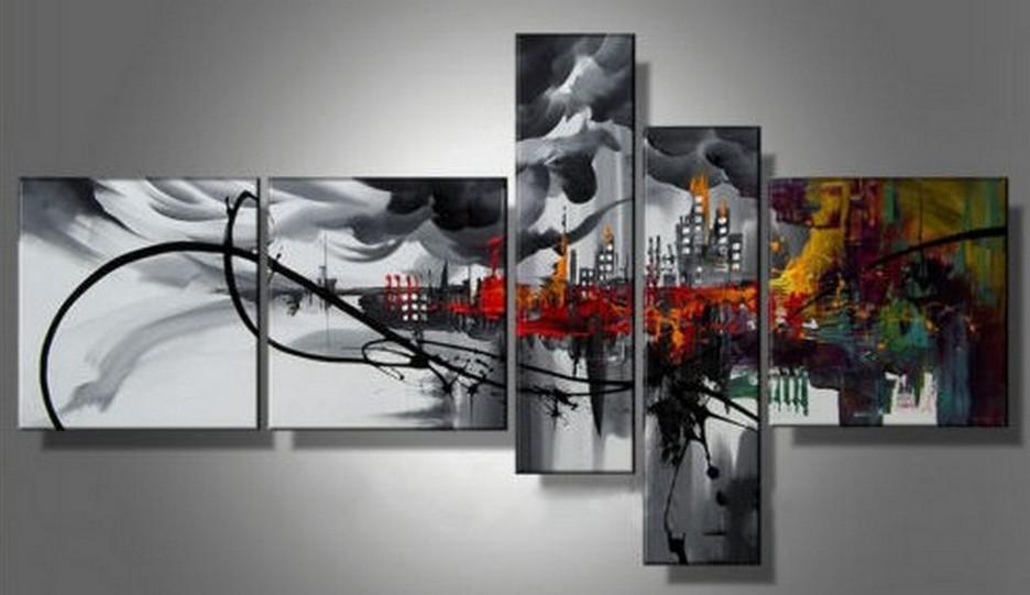 Cityscape Art, Black Wall Art, Huge Wall Art, Acrylic Art, 5 Piece Wall Painting, Hand Painted Art, Group Painting-Grace Painting Crafts