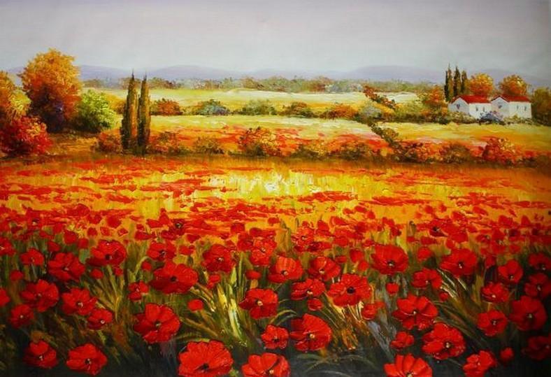 Canvas Art, Red Poppy Field, Large Art, Flower Field, Wall Art, Landscape Painting, Living Room Wall Art, Large Art, Oil Painting, Canvas Wall Art-Grace Painting Crafts