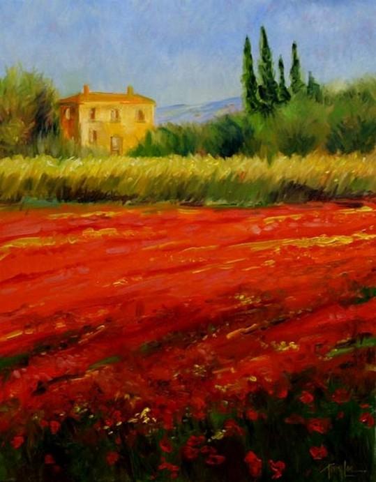 Flower Field, Wall Art, Large Oil Painting, Canvas Painting, Landscape Painting, Living Room Wall Art, Cypress Tree, Wall Painting, Canvas Art, Red Poppy Field-Grace Painting Crafts