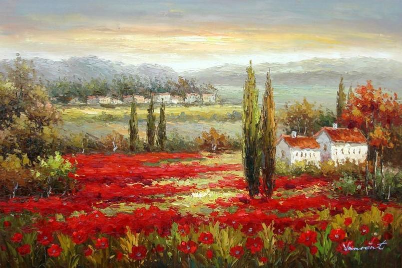 Flower Field, Wall Art, Large Painting, Canvas Oil Painting, Landscape Painting, Living Room Wall Art, Cypress Tree, Canvas Wall Art, Canvas Art, Red Poppy Field-Grace Painting Crafts