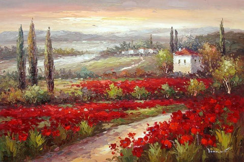 Flower Field, Canvas Oil Painting, Landscape Painting, Living Room Wall Art, Cypress Tree, Red Poppy Field-Grace Painting Crafts