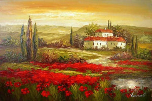 Autumn Art, Flower Field, Impasto Art, Heavy Texture Painting, Landscape Painting, Living Room Wall Art, Cypress Tree, Oil Painting, Red Poppy Field-Grace Painting Crafts