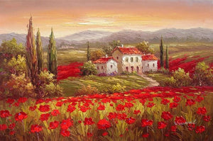 Flower Field, Canvas Painting, Landscape Painting, Wall Art, Large Painting, Living Room Wall Art, Cypress Tree, Oil Painting, Canvas Art, Poppy Field-Grace Painting Crafts