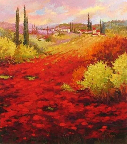 Flower Field, Wall Art, Large Painting, Canvas Painting, Landscape Painting, Living Room Wall Art, Cypress Tree, Oil Painting, Canvas Art, Red Poppy Field-Grace Painting Crafts
