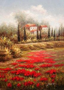 Red Poppy Field, Flower Field, Wall Art, Large Painting, Canvas Painting, Landscape Painting, Kitchen Wall Art, Cypress Tree, Oil Painting, Canvas Wall Art-Grace Painting Crafts