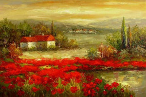 Flower Field Painting, Canvas Painting, Landscape Painting, Contemporary Wall Art, Large Painting, Living Room Wall Art, Cypress Tree, Oil Painting, Poppy Field-Grace Painting Crafts