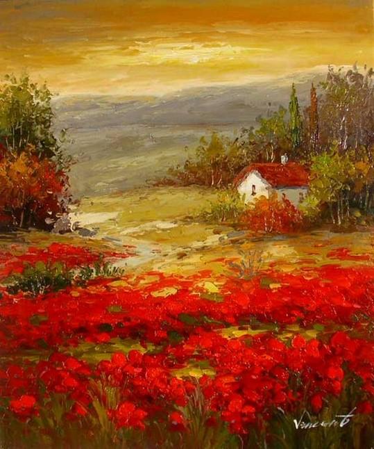 Flower Field, Wall Art, Landscape Painting, Living Room Wall Art, Cypress Tree, Canvas Art, Red Poppy Field, Ready to Hang-Grace Painting Crafts