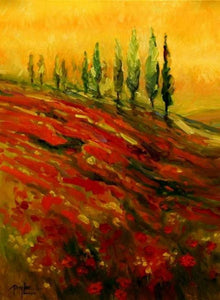 Red Poppy Field, Flower Field, Wall Art, Large Art, Canvas Art, Landscape Painting, Living Room Wall Art, Cypress Tree, Oil Painting, Large Wall Art-Grace Painting Crafts