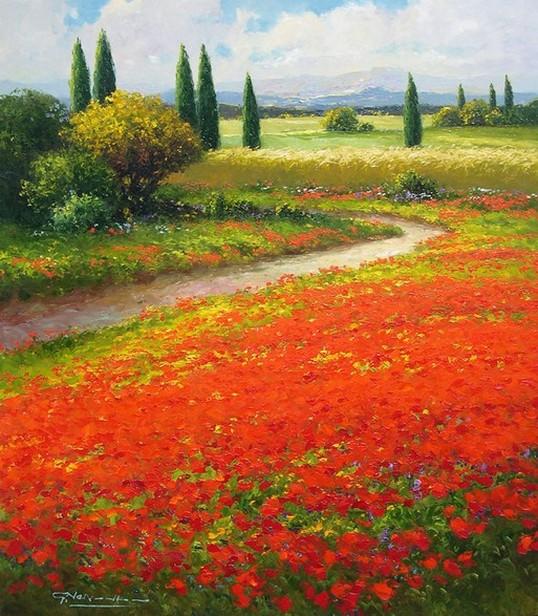 Flower Field, Wall Art, Impasto Art, Heavy Texture Painting, Landscape Painting, Living Room Wall Art, Cypress Tree, Oil Painting, Canvas Art, Red Poppy Field-Grace Painting Crafts