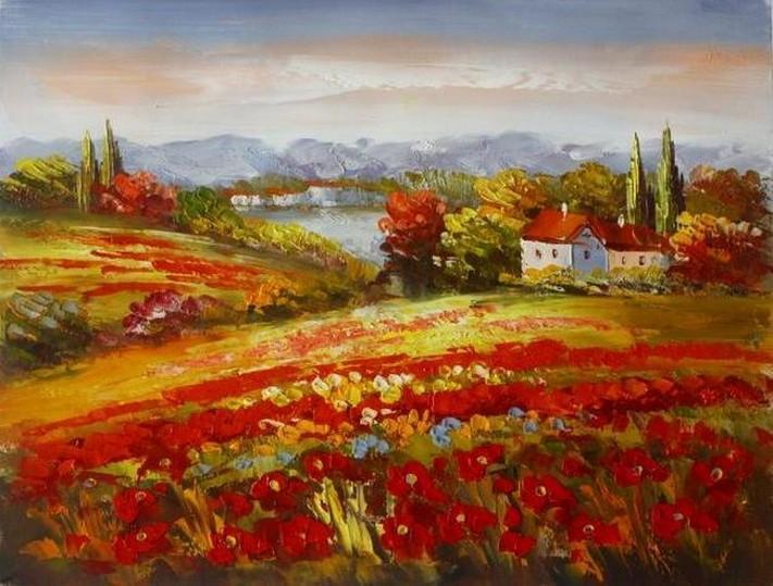 Red Poppy Field, Flower Field, Wall Art, Large Painting, Canvas Painting, Landscape Painting, Living Room Wall Art, Cypress Tree, Oil Painting, Canvas Art-Grace Painting Crafts