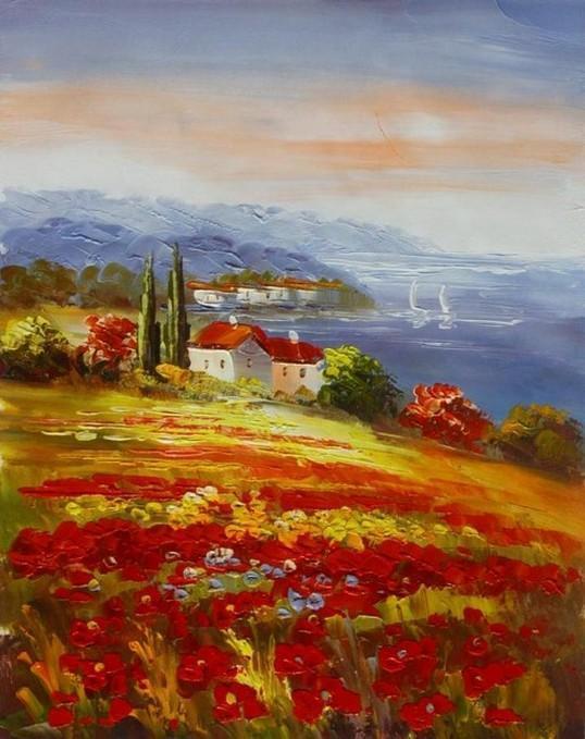 Wall Art, Red Poppy Field, Flower Field, Large Painting, Canvas Painting, Landscape Painting, Living Room Wall Art, Cypress Tree, Oil Painting, Canvas Art-Grace Painting Crafts