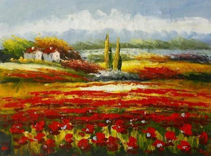 Large Art, Canvas Art, Red Poppy Field, Flower Field, Wall Art, Landscape Painting, Living Room Wall Art, Cypress Tree, Oil Painting, Canvas Wall Art-Grace Painting Crafts