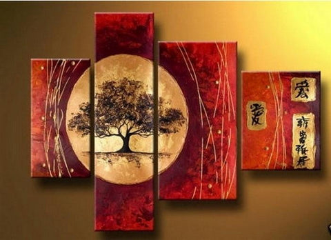 Extra Large Painting, Tree of Life Painting, Red Abstract Painting, 4 Piece Art Painting, Abstract Art, Living Room Wall Art-Grace Painting Crafts