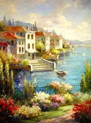 Landscape Painting, Wall Art, Canvas Painting, Large Painting, Living Room Wall Art, Oil Painting, Wall Painting, Canvas Art, Italian Summer Resort-Grace Painting Crafts