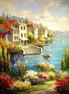 Landscape Painting, Wall Art, Canvas Painting, Large Painting, Living Room Wall Art, Oil Painting, Wall Painting, Canvas Art, Italian Summer Resort-Grace Painting Crafts