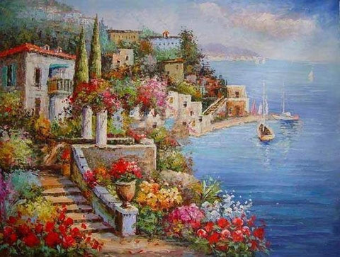 Mediterranean Sea Painting, Canvas Painting, Landscape Painting, Wall Art, Large Painting, Bedroom Wall Art, Oil Painting, Canvas Wall Art, Seascape, Spain Summer Resort-Grace Painting Crafts