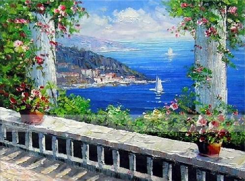 Canvas Painting, Landscape Painting, Wall Art, Canvas Painting, Large Painting, Bedroom Wall Art, Oil Painting, Canvas Art, Sailing Boat at Sea, Italy Summer Resort-Grace Painting Crafts