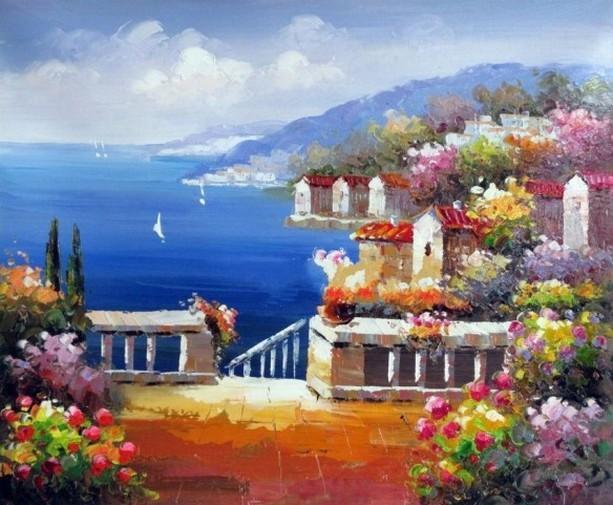 Landscape Painting, Wall Art, Canvas Painting, Heavy Texture Painting, Living Room Wall Art, Oil Painting, Wall Painting, Canvas Art, Italian Summer Resort-Grace Painting Crafts
