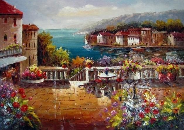 Landscape Painting, Wall Art Decor, Large Painting, Mediterranean Sea Painting, Canvas Painting, Bedroom Art, Oil Painting, Canvas Wall Art, Spain Summer Resort-Grace Painting Crafts