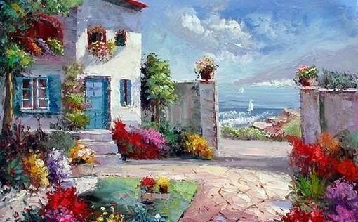 Seashore Garden Painting, Canvas Painting, Landscape Painting, Large Art, Large Painting, Dining Room Wall Art, Oil Painting, Canvas Art, Summer Sky-Grace Painting Crafts