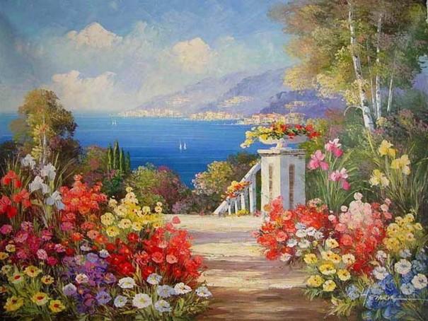 Canvas Painting, Landscape Painting, Wall Art, Canvas Painting, Large Painting, Bedroom Wall Art, Oil Painting, Canvas Art, Garden Flower, Spain Summer Resort-Grace Painting Crafts