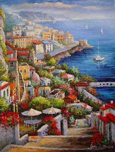 Landscape Painting, Wall Art, Large Painting, Mediterranean Sea Painting, Canvas Painting, Kitchen Wall Art, Oil Painting, Art on Canvas, Seashore Town, France Summer Resort-Grace Painting Crafts